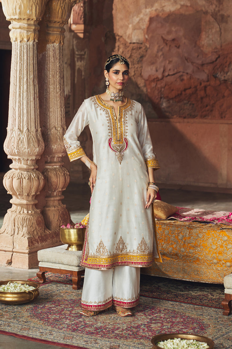SUMAIRA - DAISY IVORY LONG KURTA WITH PALAZZO AND DUPATTA silk chanderi kurta/kurta set by SHEETAL BATRA in ivory for women in Singapore