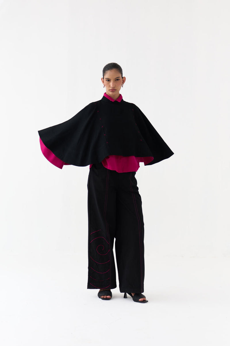 Ripple Emb. Bottom-Black denim pant/trouser by THREE in black for women in Singapore