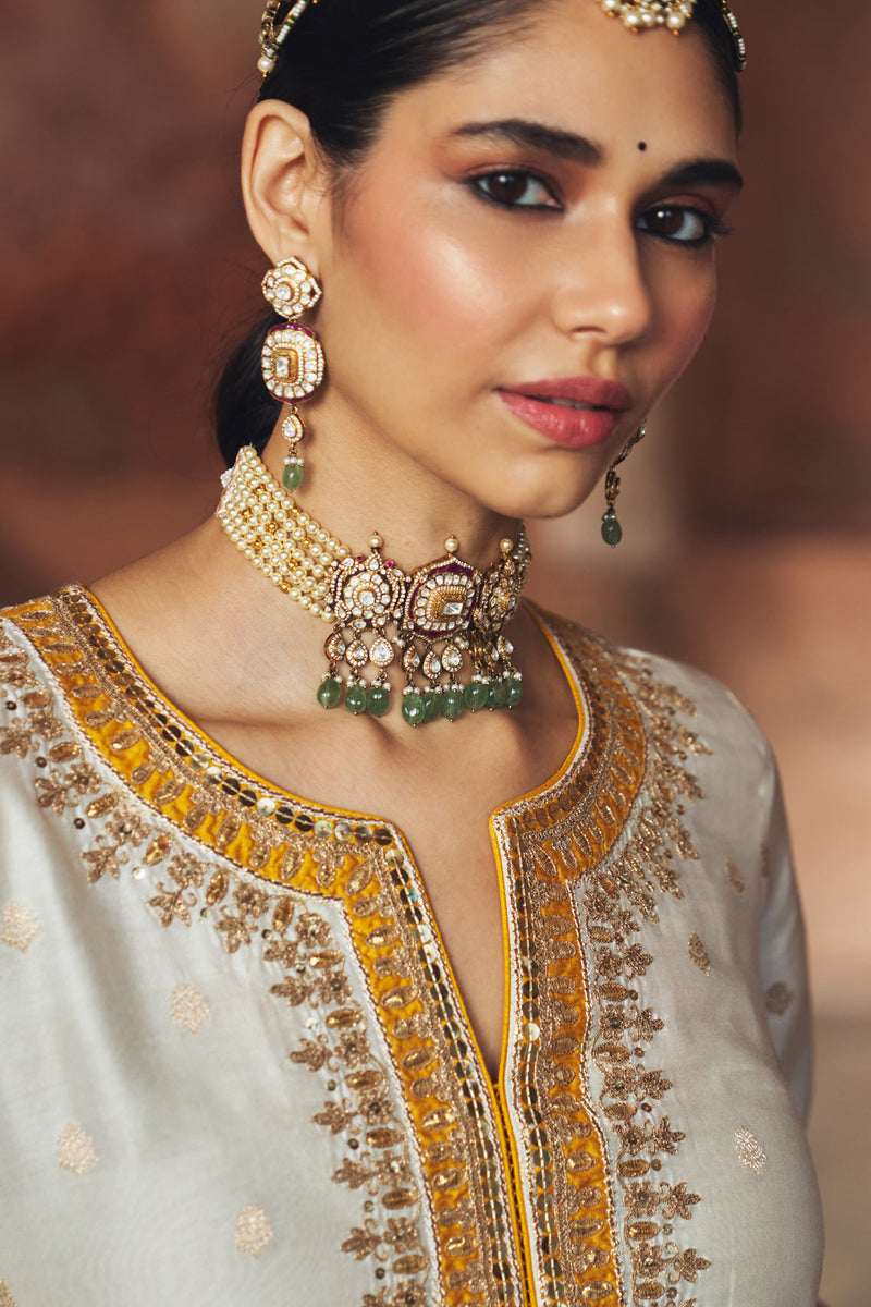 SUMAIRA - DAISY IVORY LONG KURTA WITH PALAZZO AND DUPATTA silk chanderi kurta/kurta set by SHEETAL BATRA in ivory for women in Singapore