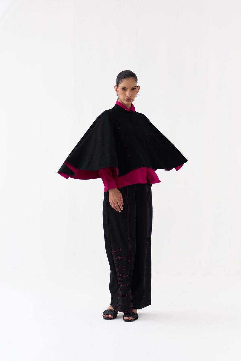 Woollen Poncho Co-Ord (Set Of 3)-Black/Fuchsia wool/twill co-ord set by THREE in fuchsia, black for women in Singapore