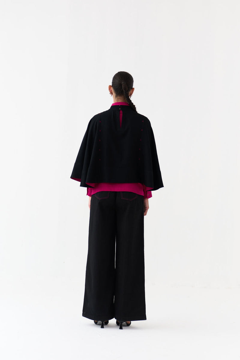 Woollen Poncho Co-Ord (Set Of 3)-Black/Fuchsia wool/twill co-ord set by THREE in fuchsia, black for women in Singapore