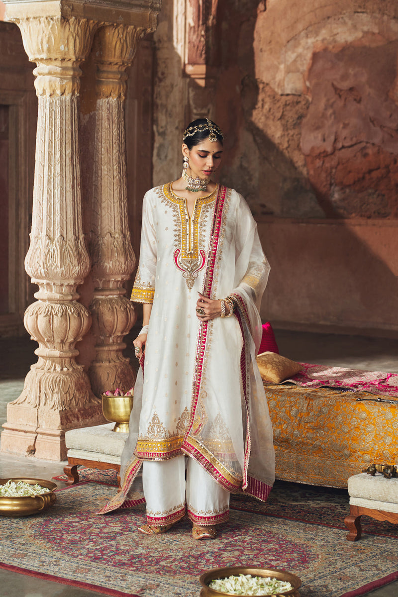 SUMAIRA - DAISY IVORY LONG KURTA WITH PALAZZO AND DUPATTA silk chanderi kurta/kurta set by SHEETAL BATRA in ivory for women in Singapore