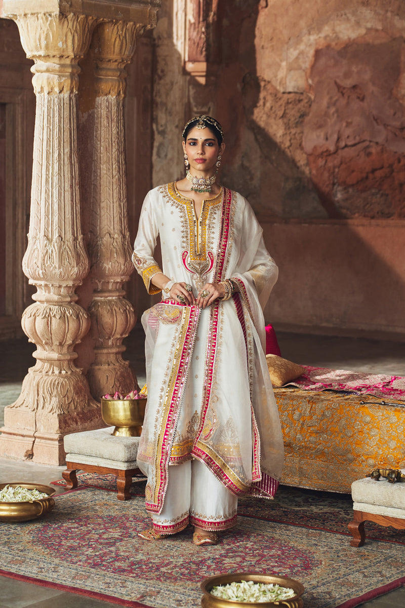 SUMAIRA - DAISY IVORY LONG KURTA WITH PALAZZO AND DUPATTA silk chanderi kurta/kurta set by SHEETAL BATRA in ivory for women in Singapore