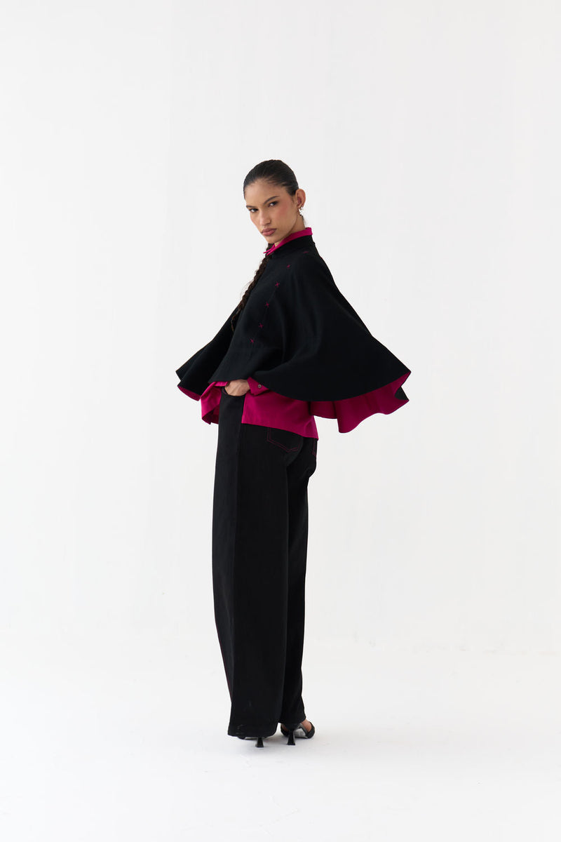 Woollen Poncho Co-Ord (Set Of 3)-Black/Fuchsia wool/twill co-ord set by THREE in fuchsia, black for women in Singapore