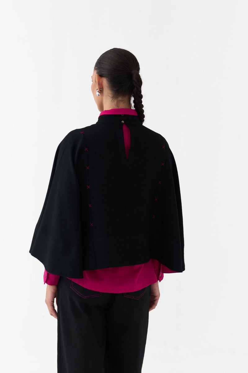 Woollen Poncho (Including Shirt)-Black/Fuchsia wool/twill jacket/overlay by THREE in black/fuchsia for women in Singapore