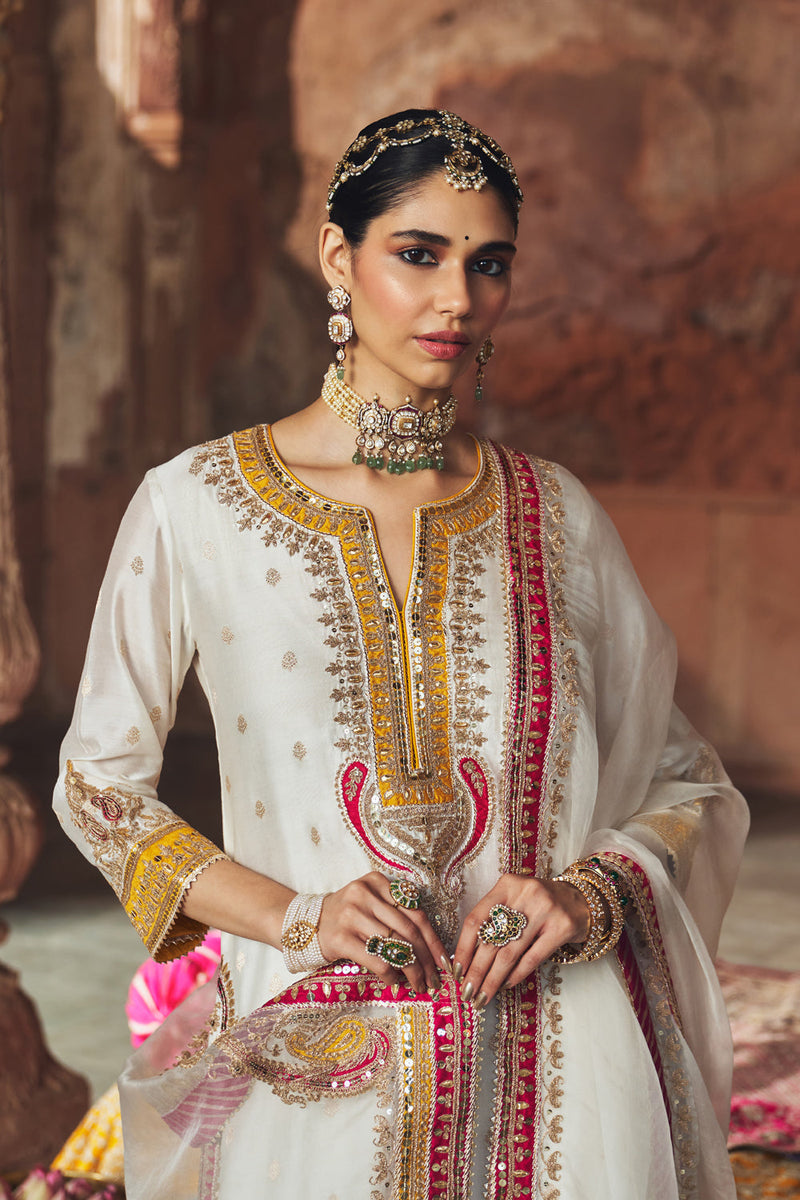 SUMAIRA - DAISY IVORY LONG KURTA WITH PALAZZO AND DUPATTA silk chanderi kurta/kurta set by SHEETAL BATRA in ivory for women in Singapore