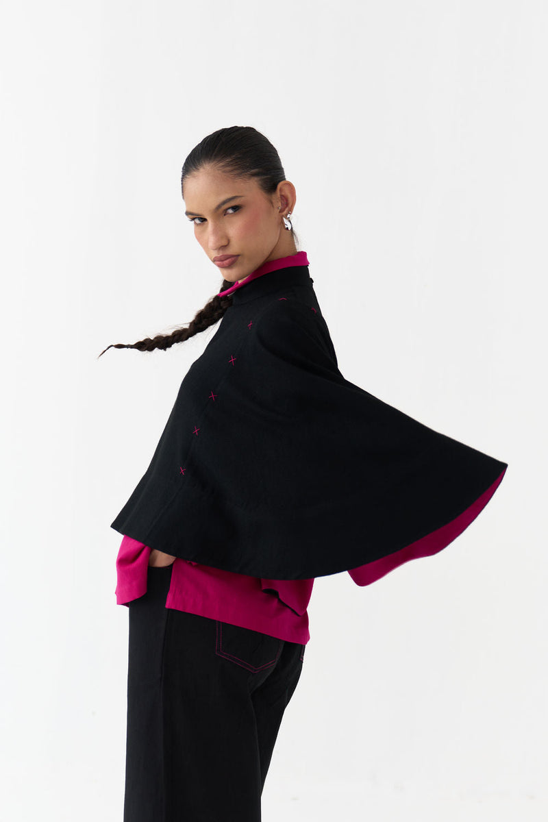 Woollen Poncho (Including Shirt)-Black/Fuchsia wool/twill jacket/overlay by THREE in black/fuchsia for women in Singapore