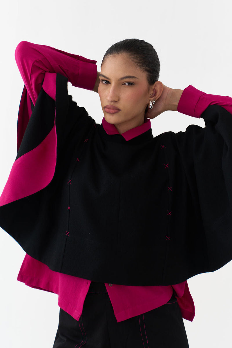 Woollen Poncho Co-Ord (Set Of 3)-Black/Fuchsia wool/twill co-ord set by THREE in fuchsia, black for women in Singapore