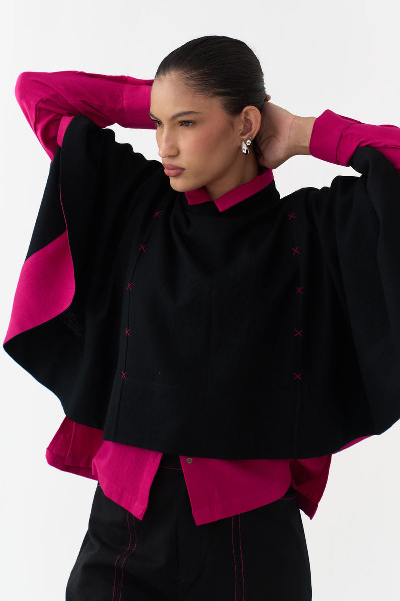 Woollen Poncho (Including Shirt)-Black/Fuchsia wool/twill jacket/overlay by THREE in black/fuchsia for women in Singapore