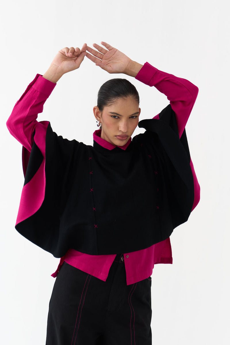 Woollen Poncho (Including Shirt)-Black/Fuchsia wool/twill jacket/overlay by THREE in black/fuchsia for women in Singapore