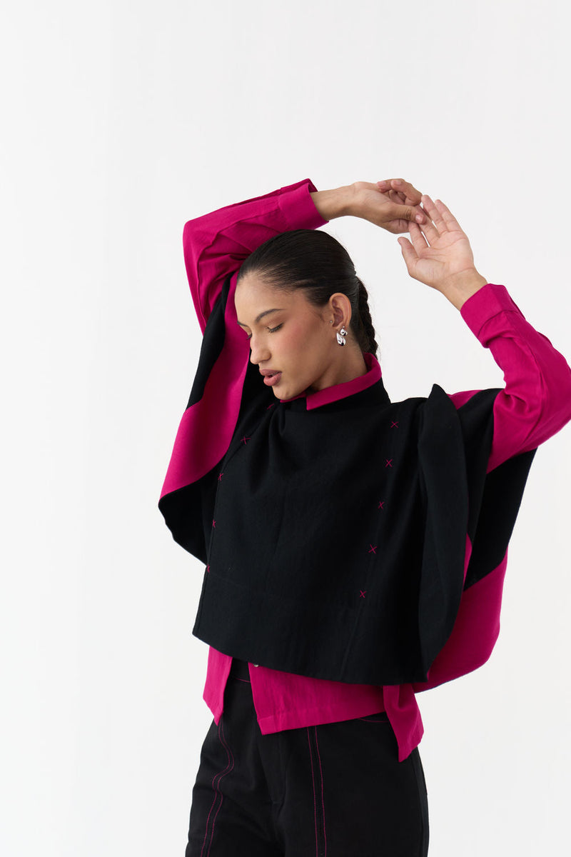 Woollen Poncho (Including Shirt)-Black/Fuchsia wool/twill jacket/overlay by THREE in black/fuchsia for women in Singapore