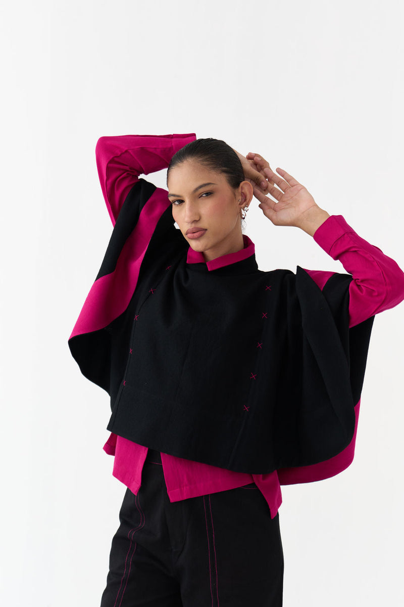 Woollen Poncho (Including Shirt)-Black/Fuchsia wool/twill jacket/overlay by THREE in black/fuchsia for women in Singapore