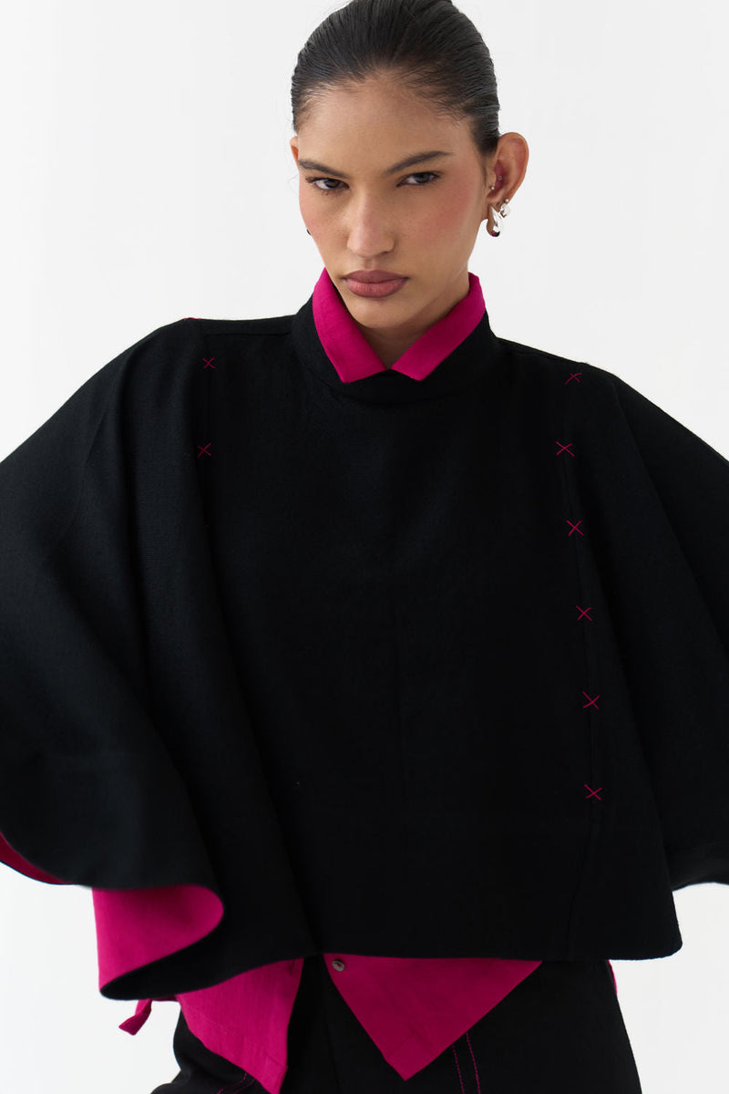 Woollen Poncho (Including Shirt)-Black/Fuchsia wool/twill jacket/overlay by THREE in black/fuchsia for women in Singapore