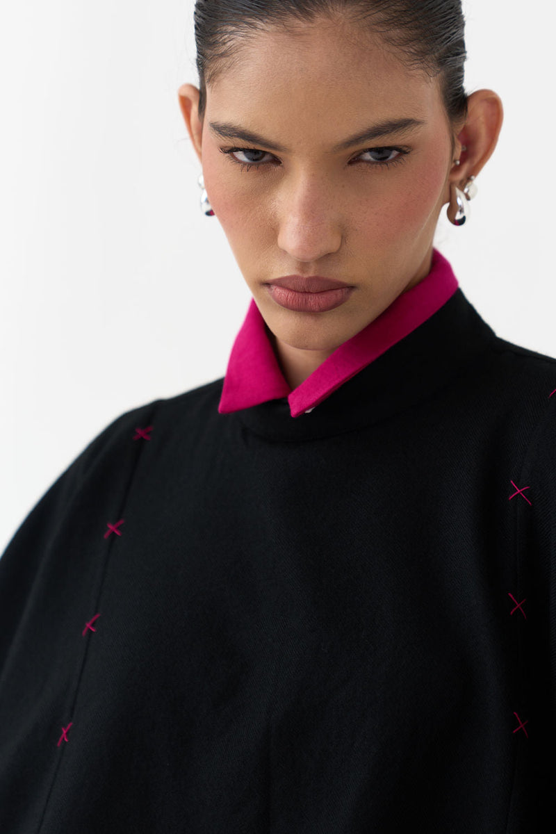 Woollen Poncho (Including Shirt)-Black/Fuchsia wool/twill jacket/overlay by THREE in black/fuchsia for women in Singapore