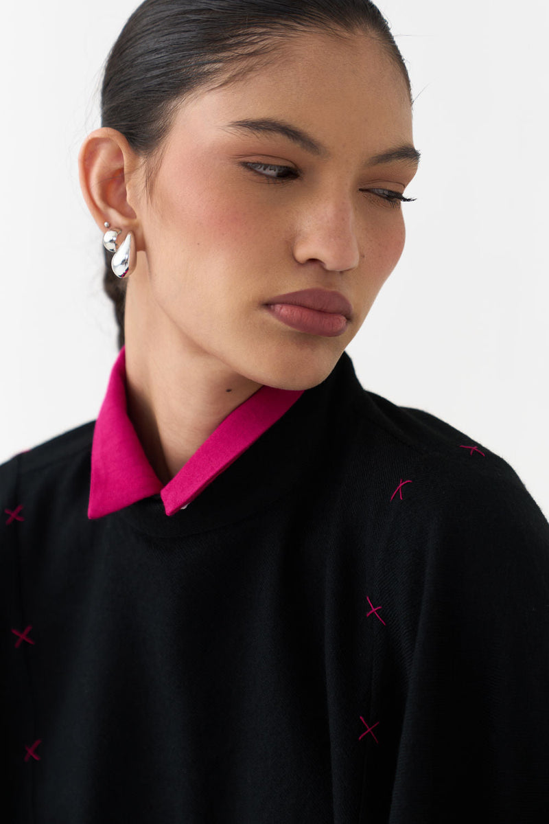 Woollen Poncho (Including Shirt)-Black/Fuchsia wool/twill jacket/overlay by THREE in black/fuchsia for women in Singapore