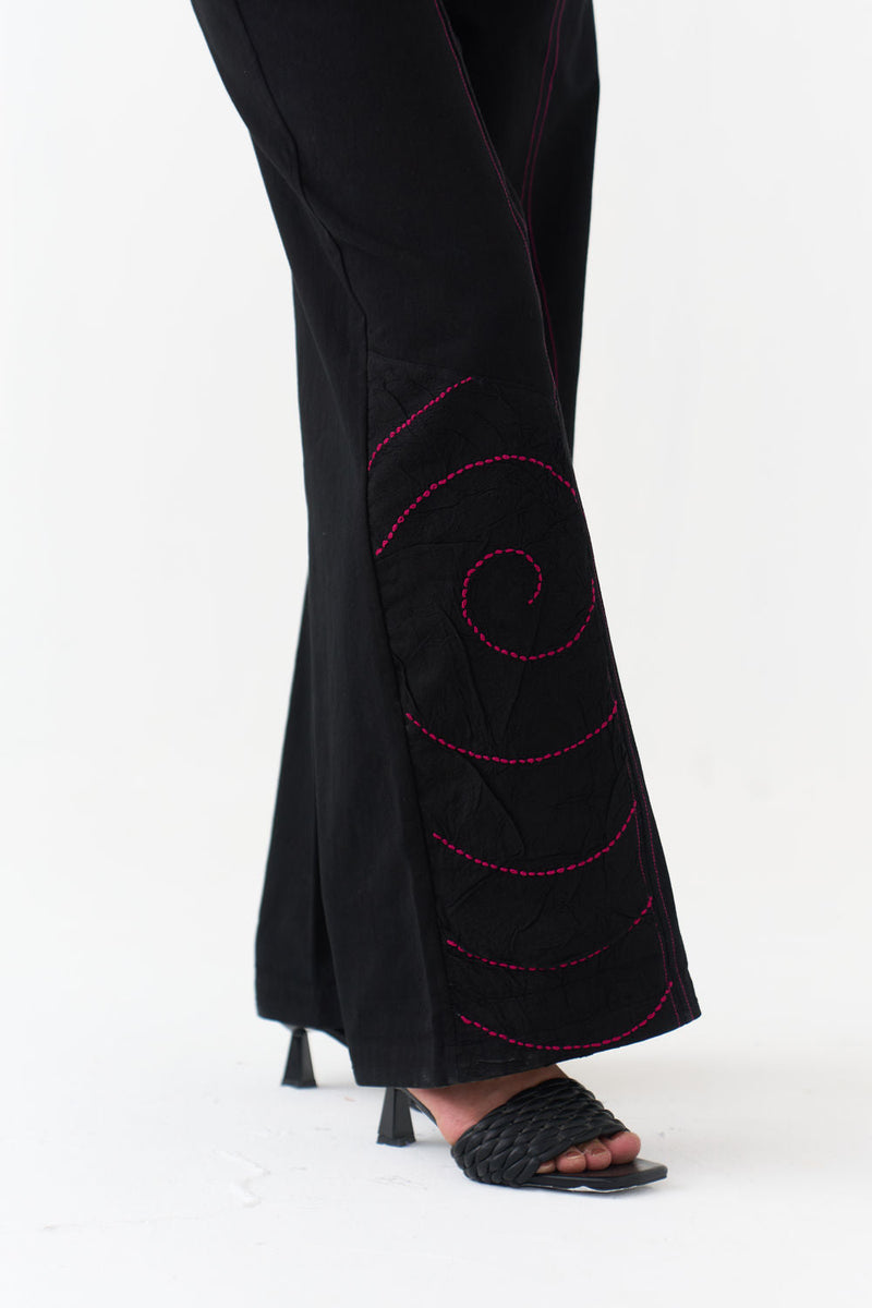 Ripple Emb. Bottom-Black denim pant/trouser by THREE in black for women in Singapore