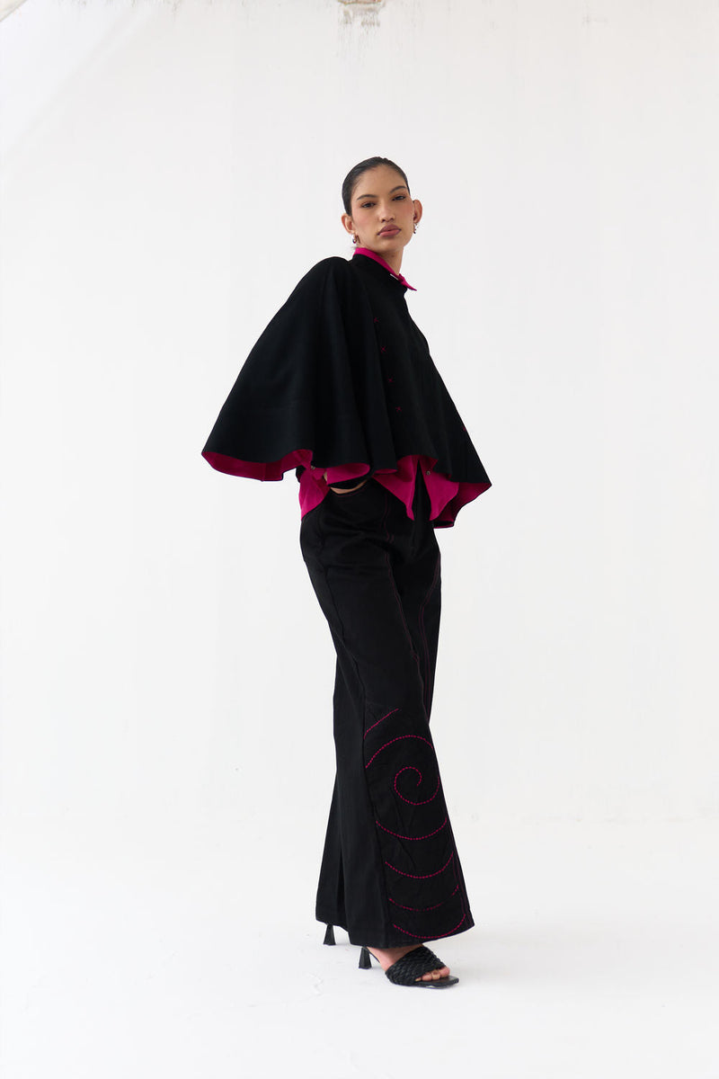 Ripple Emb. Bottom-Black denim pant/trouser by THREE in black for women in Singapore