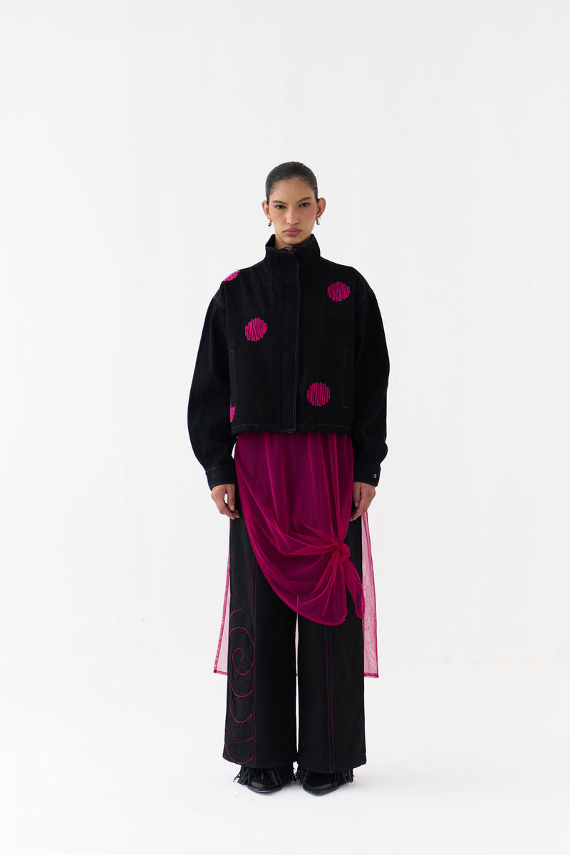 Polka Denim Bomber Co-Ord (Set Of 3)-Black hard cotton twill co-ord set by THREE in black,black for women in Singapore