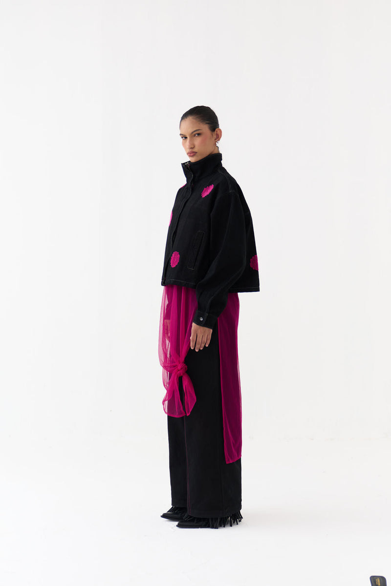 Polka Denim Bomber Co-Ord (Set Of 3)-Black hard cotton twill co-ord set by THREE in black,black for women in Singapore