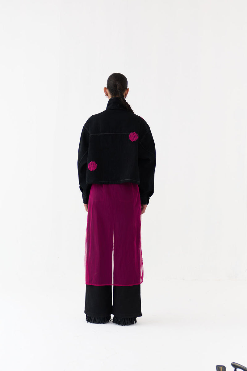 Polka Denim Bomber Co-Ord (Set Of 3)-Black hard cotton twill co-ord set by THREE in black,black for women in Singapore