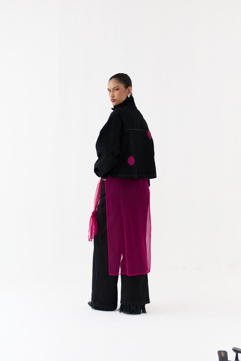 Polka Denim Bomber Co-Ord (Set Of 3)-Black hard cotton twill co-ord set by THREE in black,black for women in Singapore