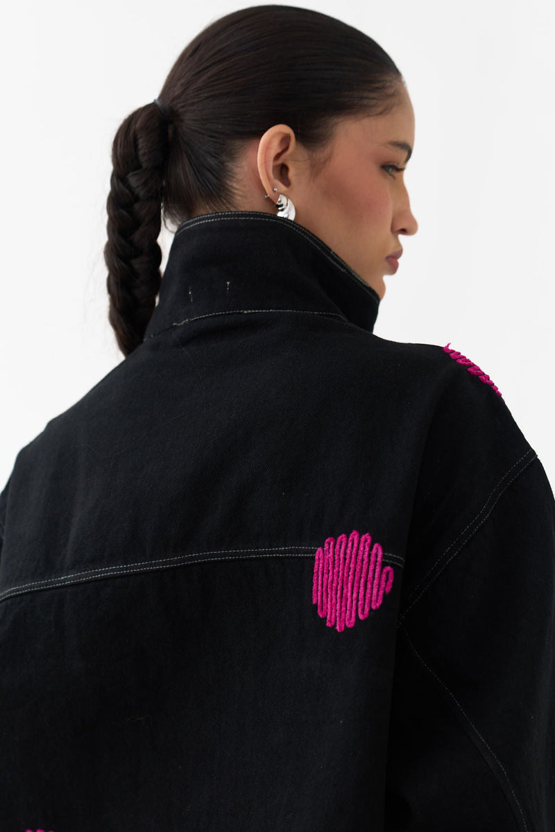 Polka Denim Bomber-Black denim jacket/overlay by THREE in black for women in Singapore
