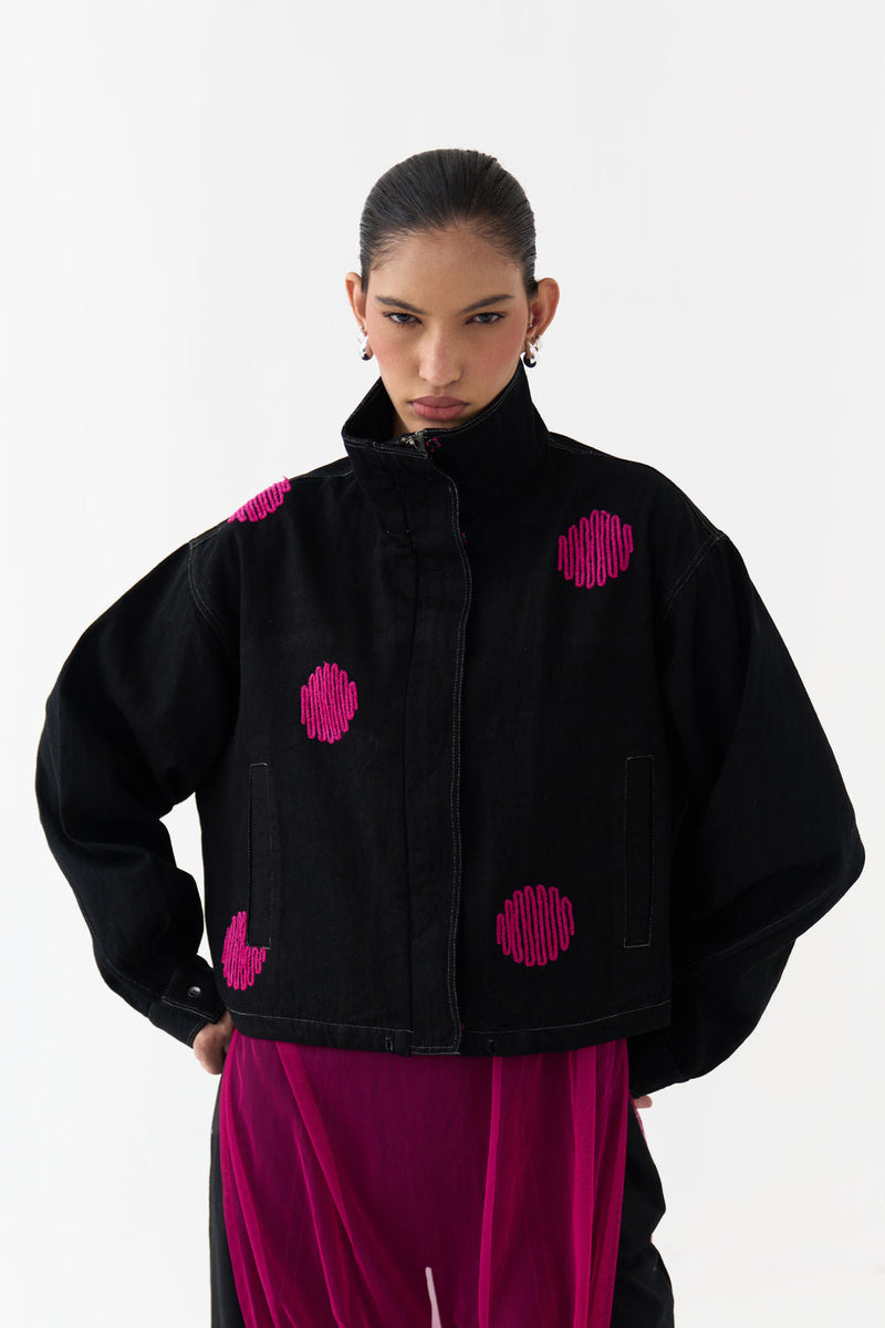 Polka Denim Bomber-Black denim jacket/overlay by THREE in black for women in Singapore