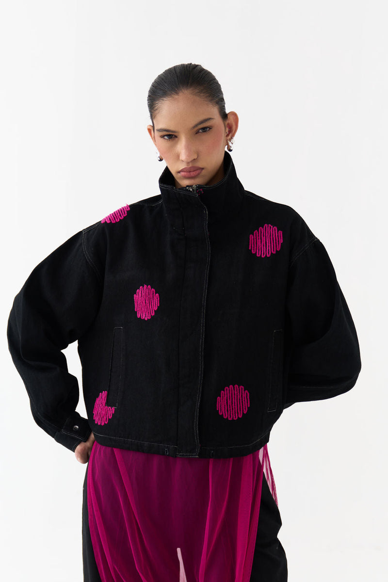 Polka Denim Bomber-Black denim jacket/overlay by THREE in black for women in Singapore
