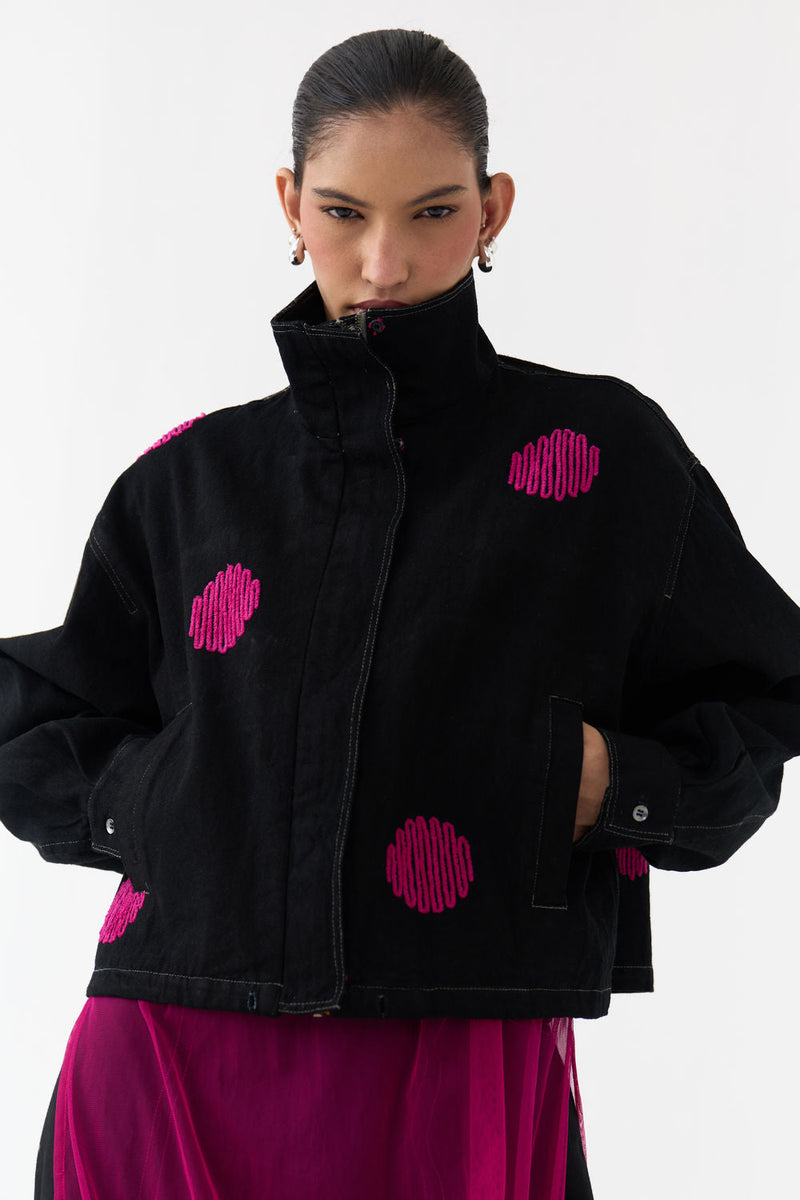 Polka Denim Bomber-Black denim jacket/overlay by THREE in black for women in Singapore