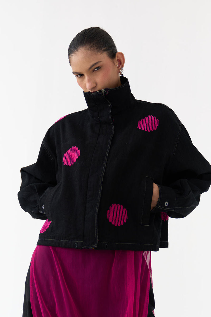 Polka Denim Bomber-Black denim jacket/overlay by THREE in black for women in Singapore