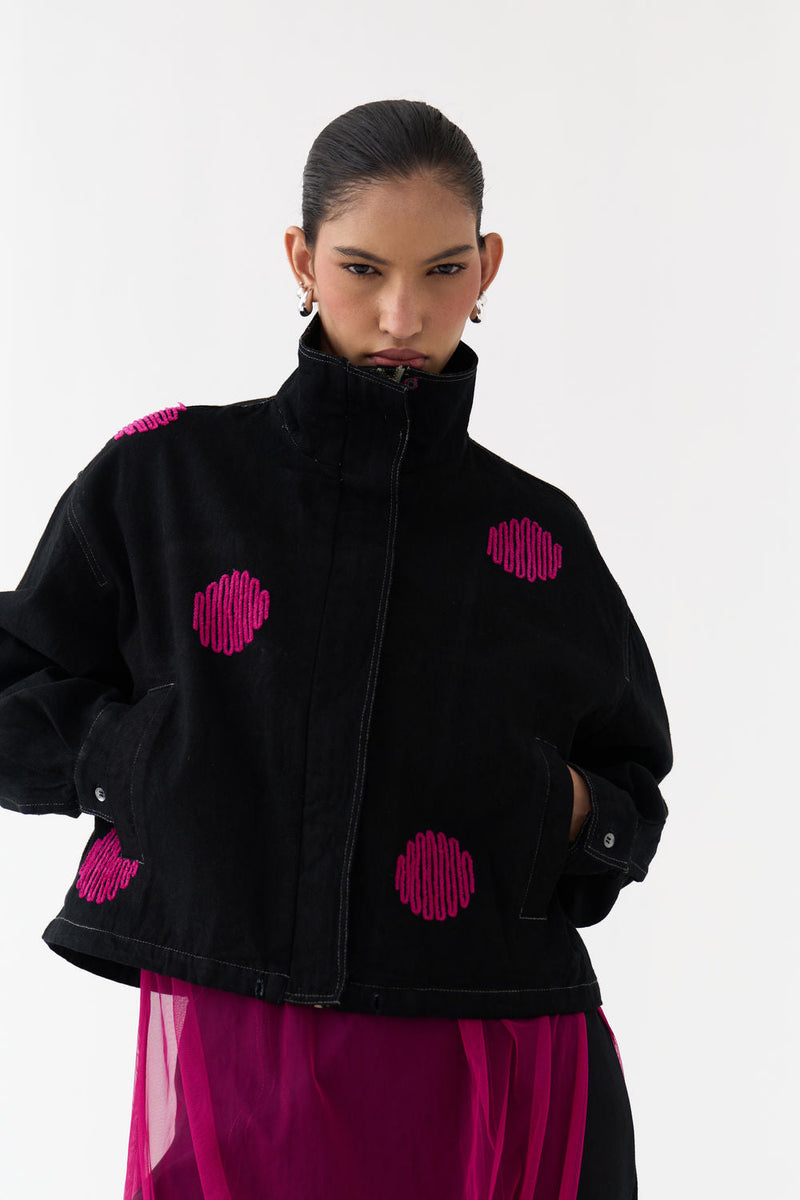 Polka Denim Bomber-Black denim jacket/overlay by THREE in black for women in Singapore