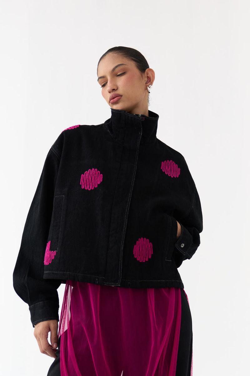Polka Denim Bomber-Black denim jacket/overlay by THREE in black for women in Singapore