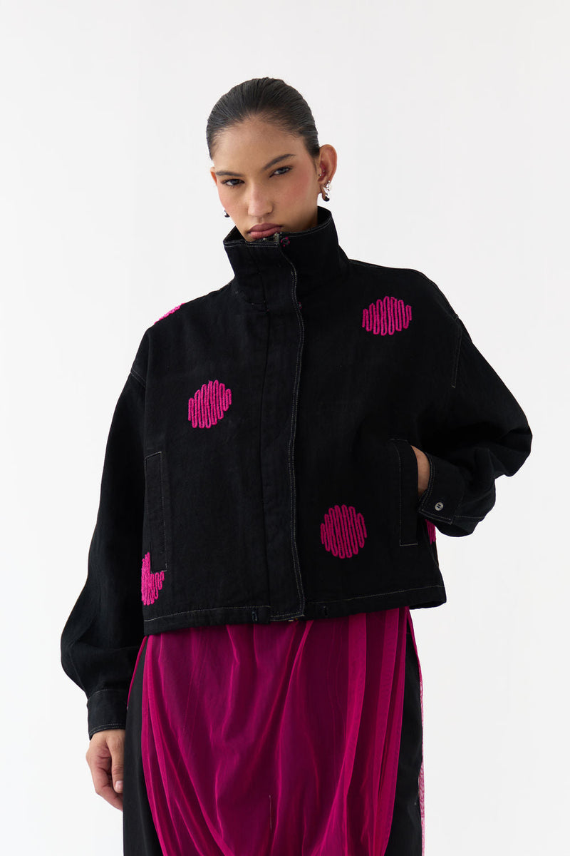 Polka Denim Bomber-Black denim jacket/overlay by THREE in black for women in Singapore