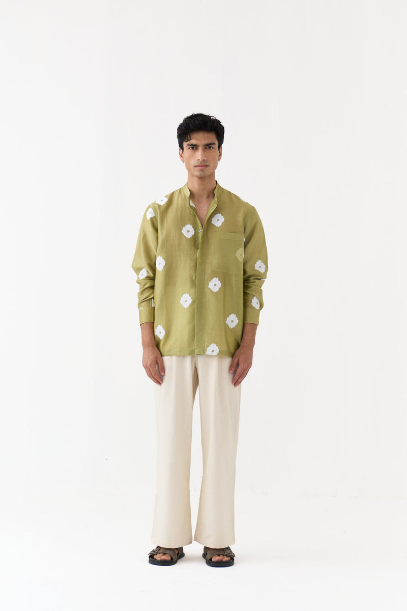 Block Print Band Collar Shirt chanderi,twill shirt by THREE Men in green,ivory for men in Singapore