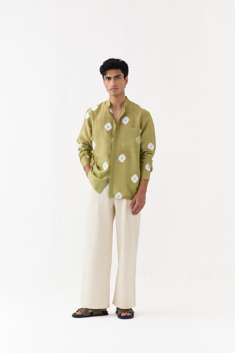 Block Print Band Collar Shirt Co-Ord chanderi,twill co-ord set by THREE Men in green,ivory for men in Singapore