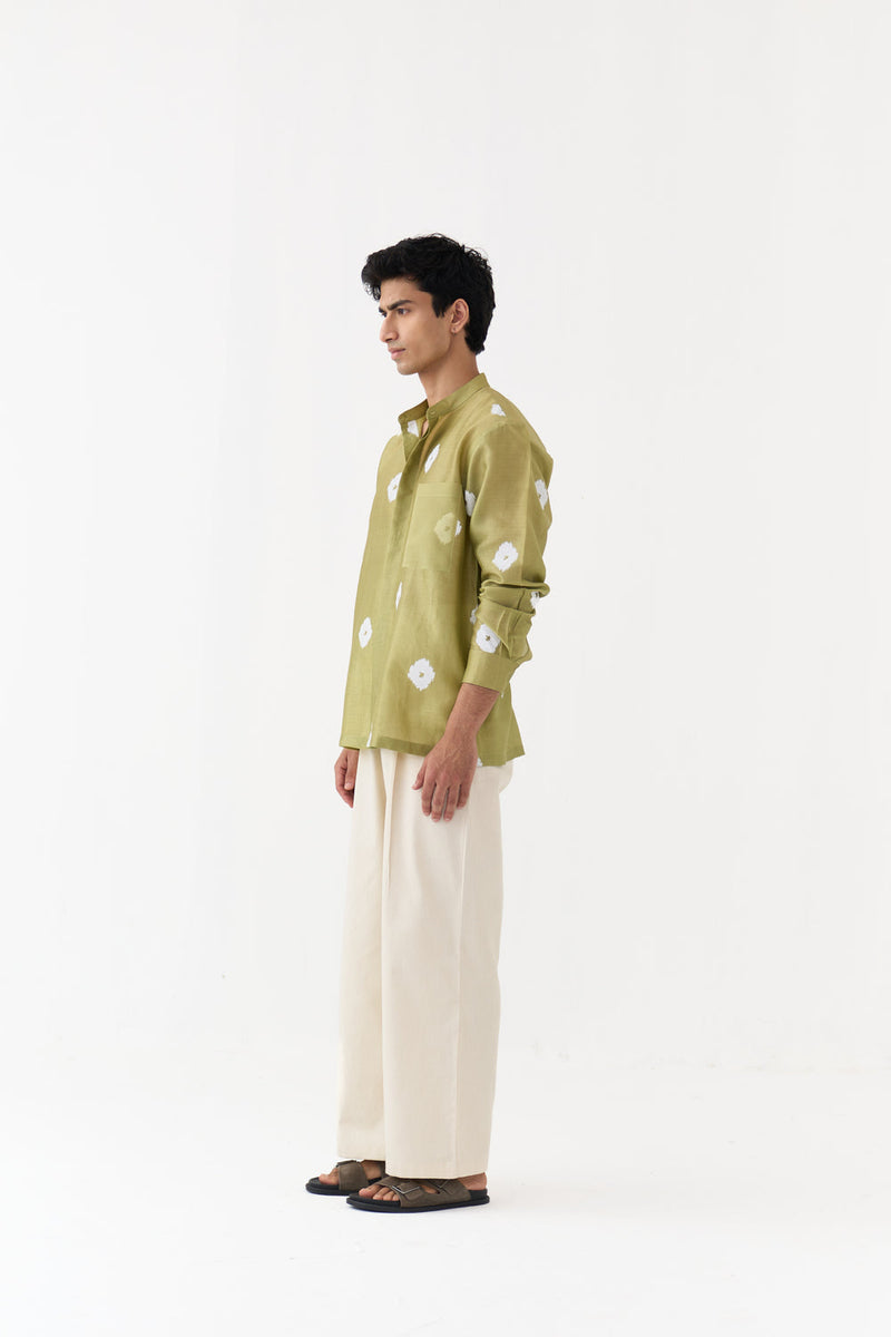 Block Print Band Collar Shirt chanderi,twill shirt by THREE Men in green,ivory for men in Singapore