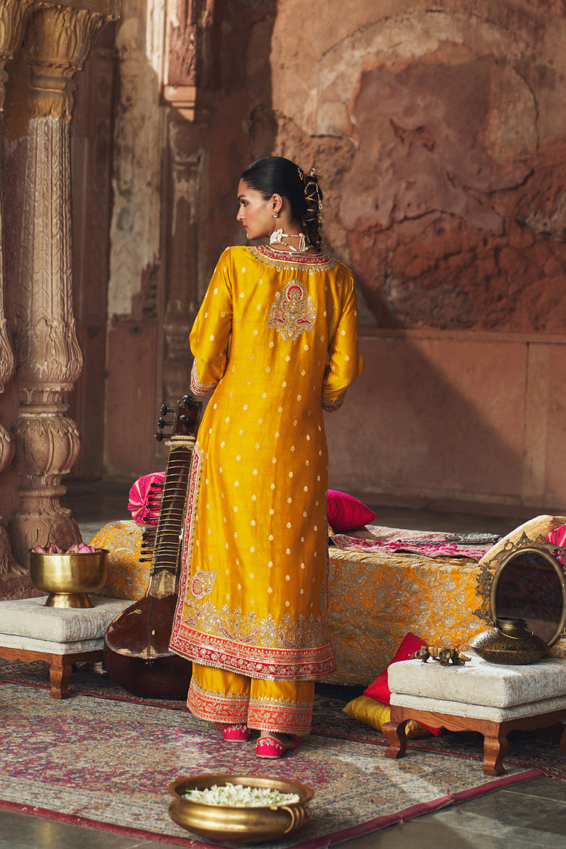 SOBIA - MUSTARD LONG KURTA WITH PALAZZO AND DUPATTA silk chanderi kurta/kurta set by SHEETAL BATRA in mustard for women in Singapore