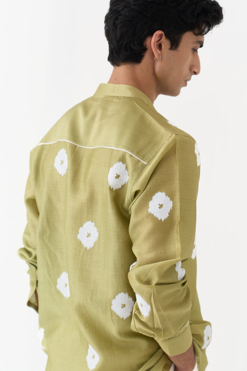 Block Print Band Collar Shirt chanderi,twill shirt by THREE Men in green,ivory for men in Singapore