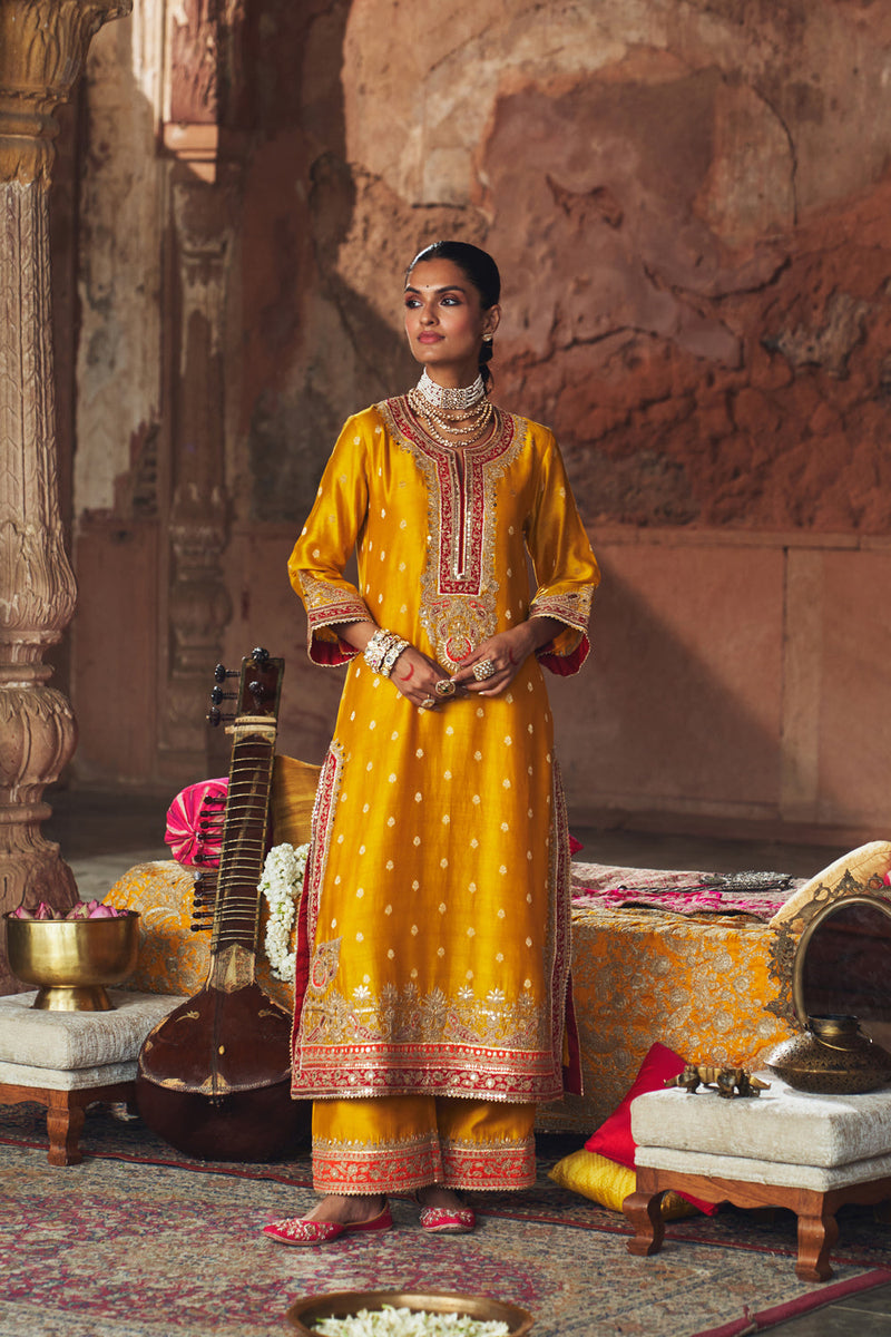 SOBIA - MUSTARD LONG KURTA WITH PALAZZO AND DUPATTA silk chanderi kurta/kurta set by SHEETAL BATRA in mustard for women in Singapore