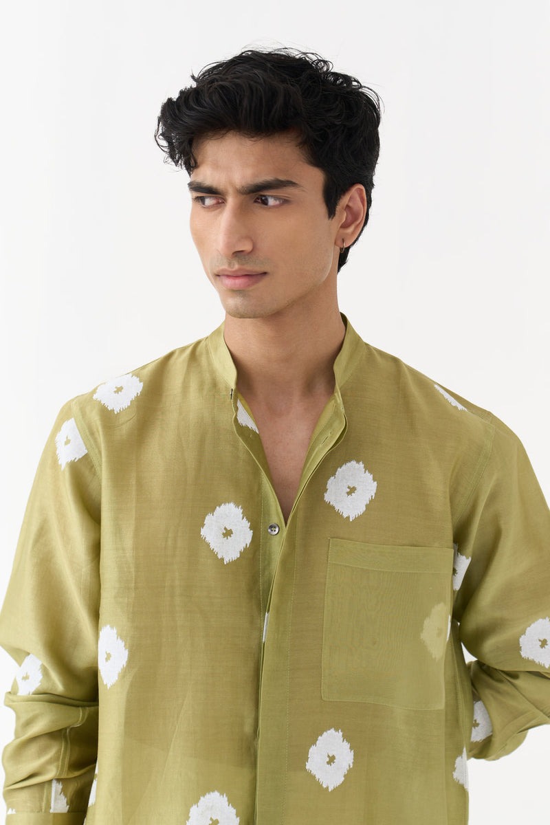 Block Print Band Collar Shirt chanderi,twill shirt by THREE Men in green,ivory for men in Singapore