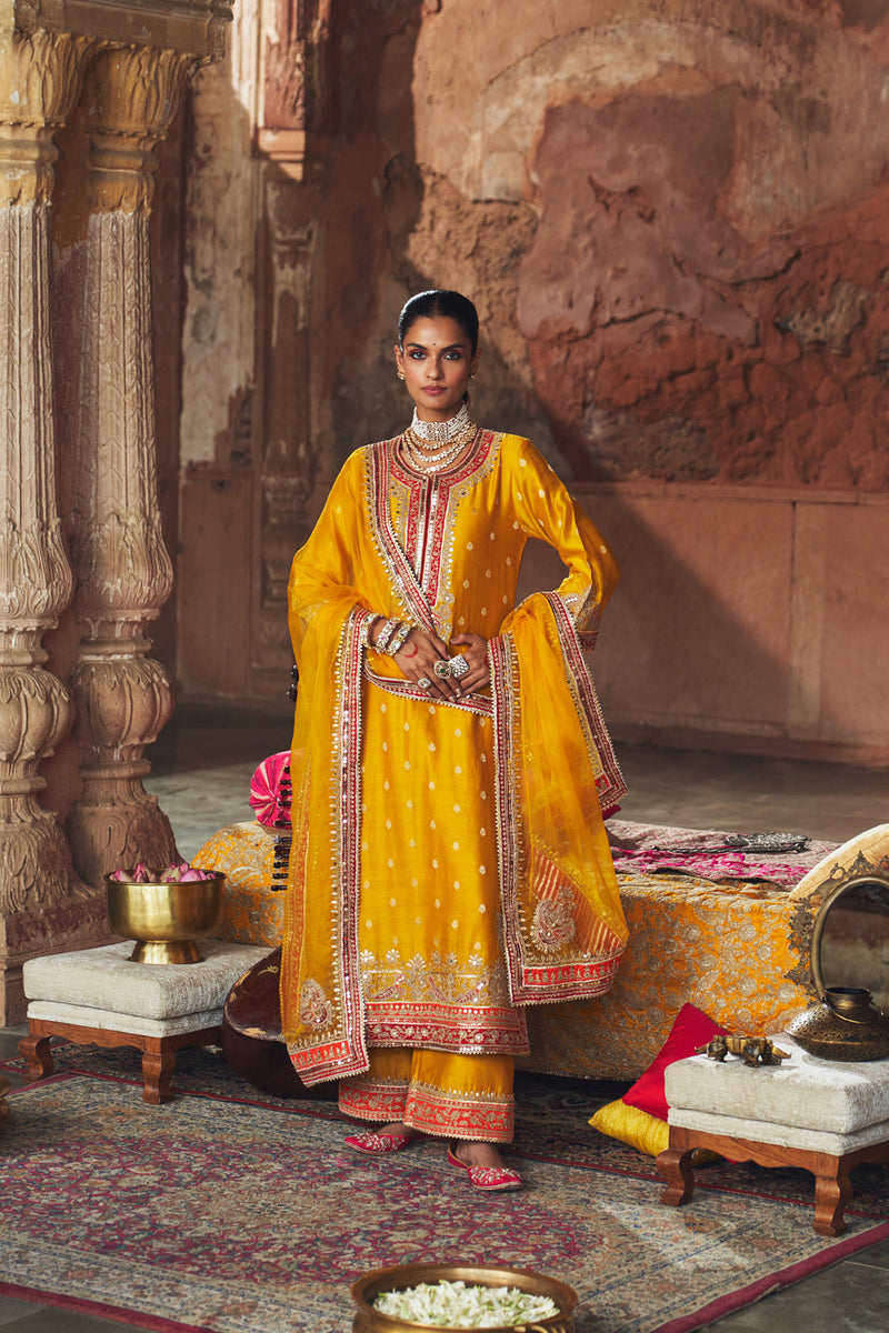 SOBIA - MUSTARD LONG KURTA WITH PALAZZO AND DUPATTA silk chanderi kurta/kurta set by SHEETAL BATRA in mustard for women in Singapore
