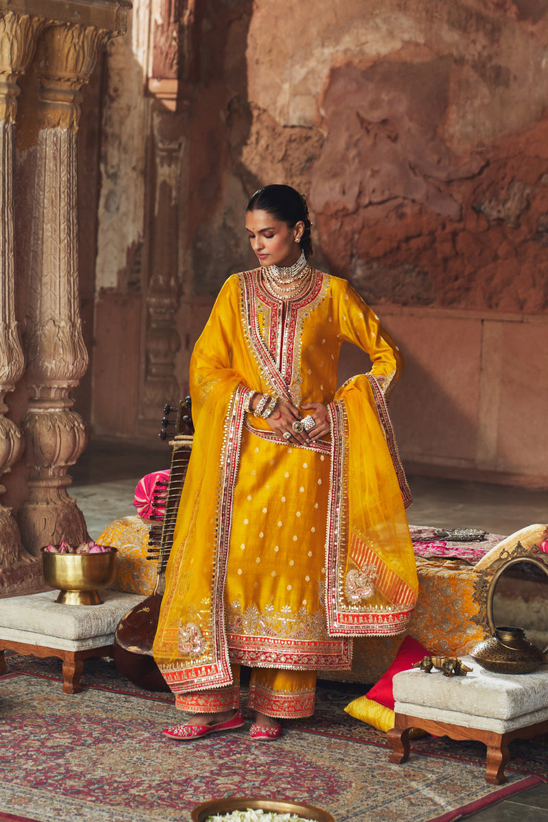 SOBIA - MUSTARD LONG KURTA WITH PALAZZO AND DUPATTA silk chanderi kurta/kurta set by SHEETAL BATRA in mustard for women in Singapore