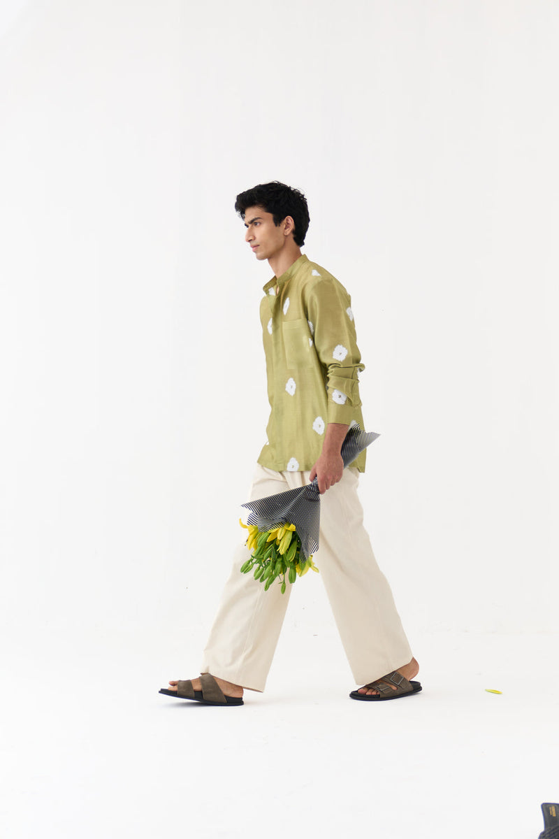 Block Print Band Collar Shirt chanderi,twill shirt by THREE Men in green,ivory for men in Singapore