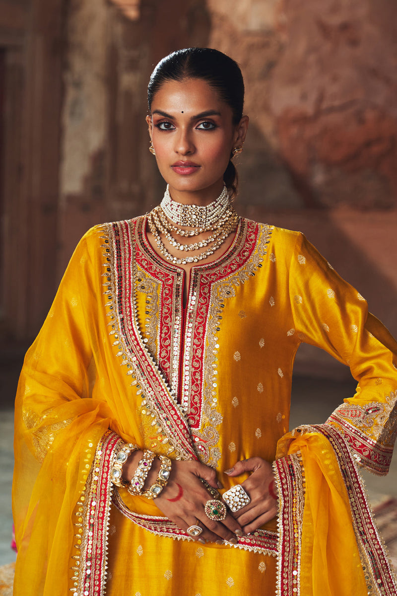 SOBIA - MUSTARD LONG KURTA WITH PALAZZO AND DUPATTA silk chanderi kurta/kurta set by SHEETAL BATRA in mustard for women in Singapore