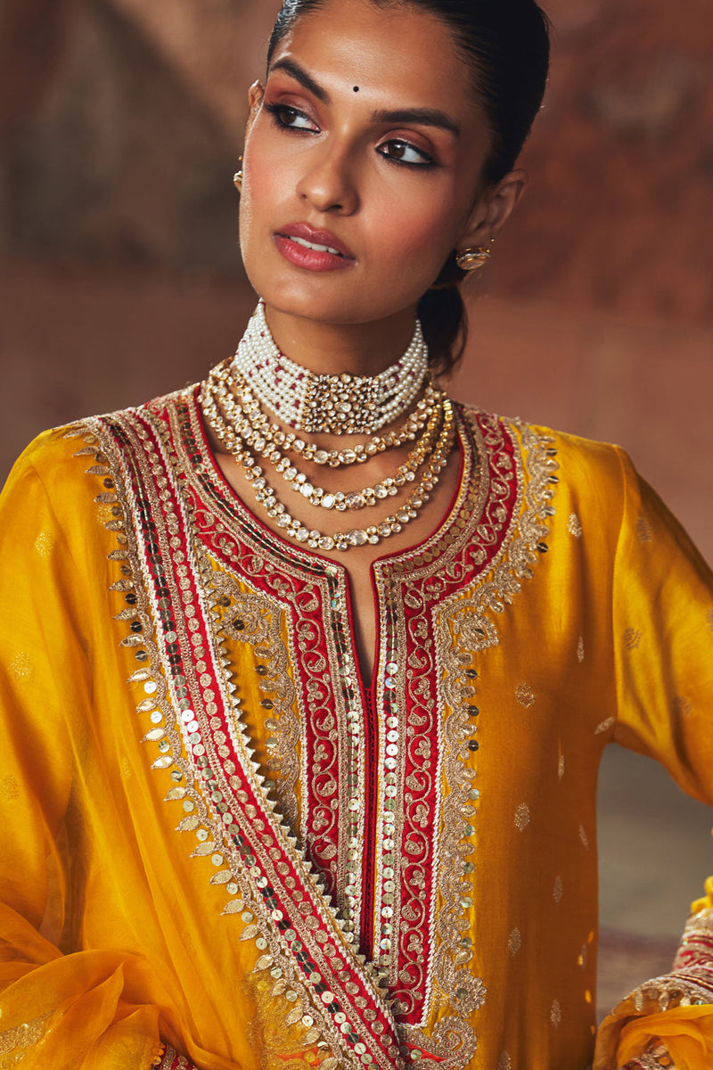 SOBIA - MUSTARD LONG KURTA WITH PALAZZO AND DUPATTA silk chanderi kurta/kurta set by SHEETAL BATRA in mustard for women in Singapore