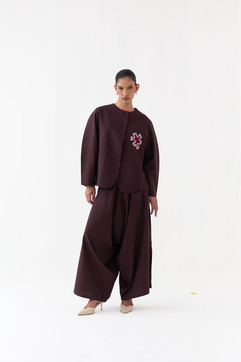 Embroidered Contour Overlay Co-Ord (Set Of 2)-Dark Brown handwoven cotton co-ord set by THREE in brown for women in Singapore