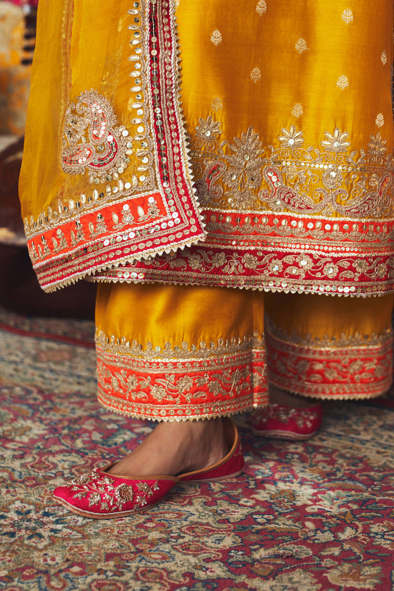 SOBIA - MUSTARD LONG KURTA WITH PALAZZO AND DUPATTA silk chanderi kurta/kurta set by SHEETAL BATRA in mustard for women in Singapore
