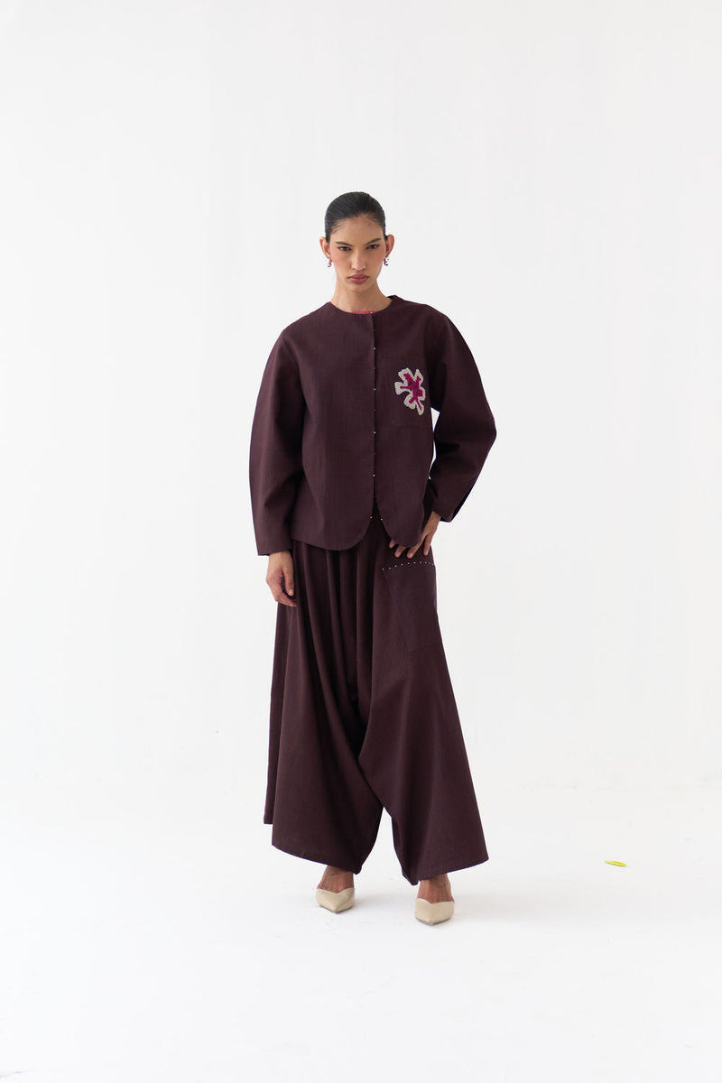 Drop Crotch Pant-Dark Brown handwoven cotton pant/trouser by THREE in brown for women in Singapore