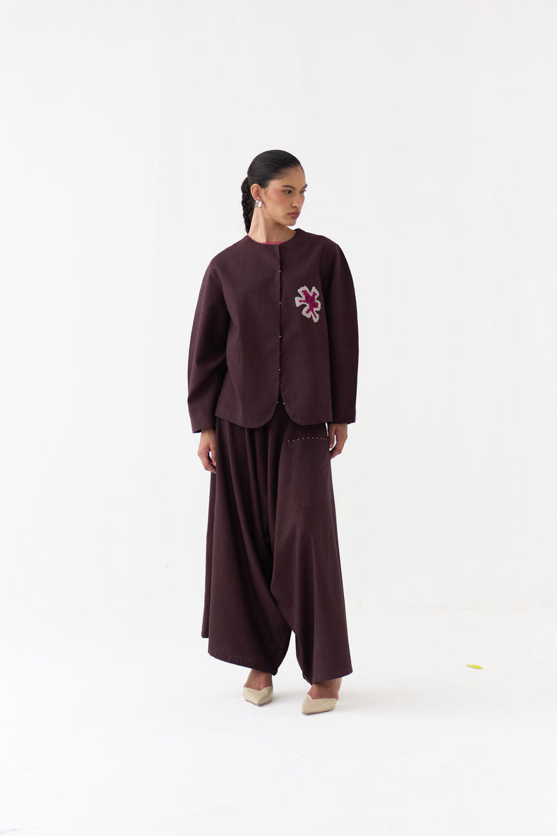 Drop Crotch Pant-Dark Brown handwoven cotton pant/trouser by THREE in brown for women in Singapore
