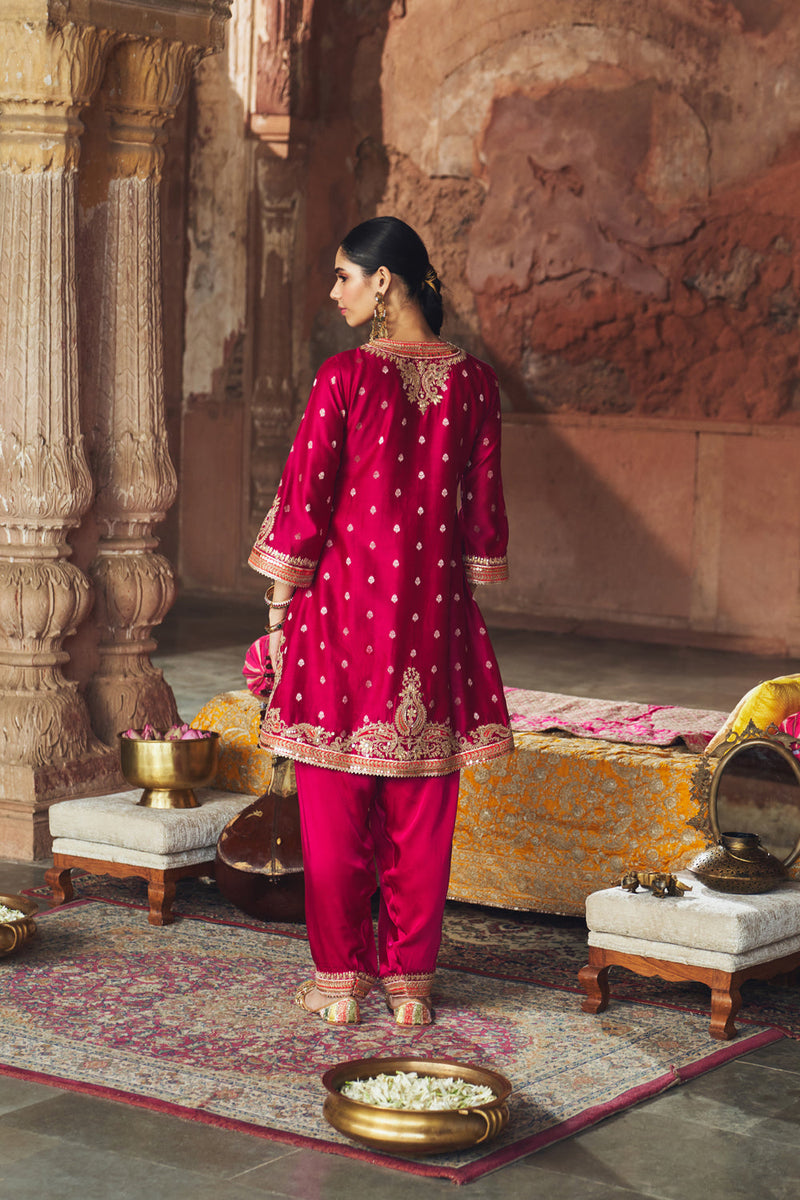 MEHWISH - HOTPINK SHORT KURTA WITH SALWAR AND DUPATTA chanderi silk kurta/kurta set by SHEETAL BATRA in pink for women in Singapore